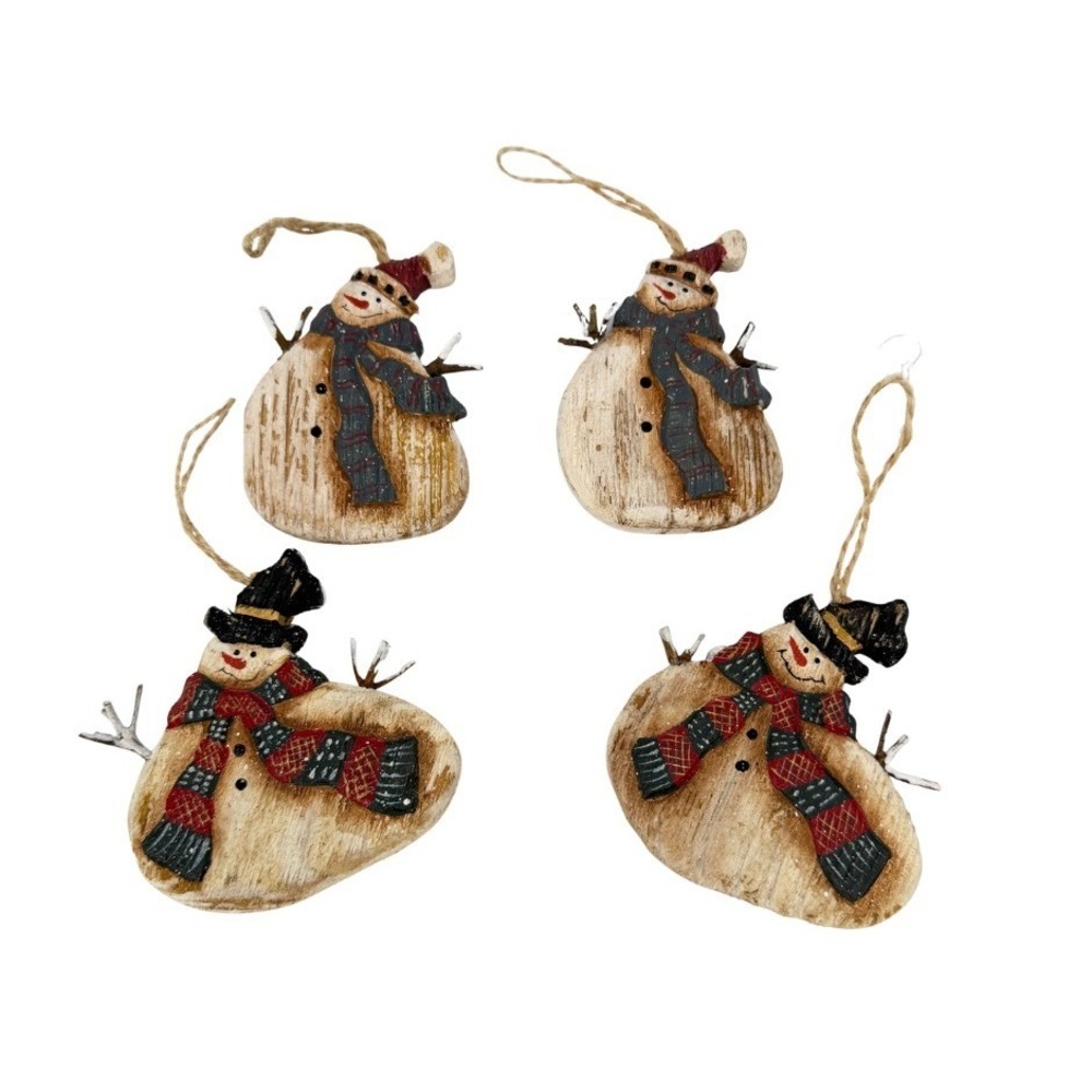 Snowman Christmas Ornaments Wood Rustic Primitive Holiday Decor Set of 4